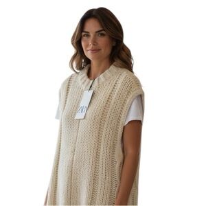 ZARA Chunky Knit Sleeveless Sweater Vest Cream L NWT